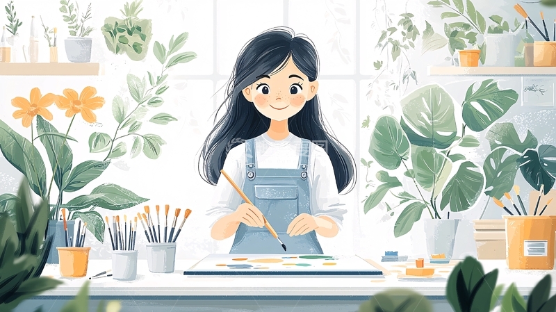 高清大图下载【趣麦麦图】卡通女孩在植物环绕的工作室
