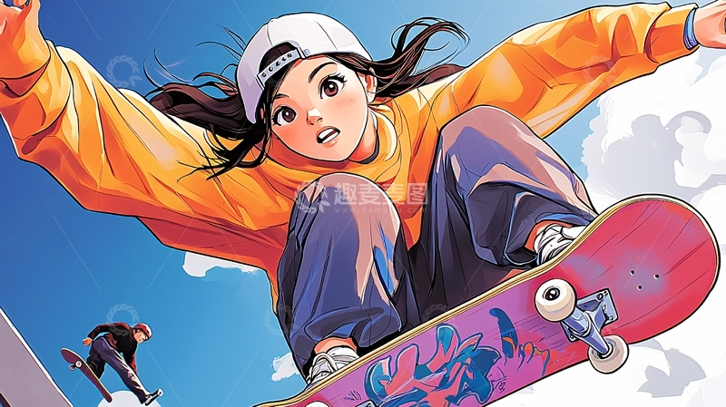 高清大图下载【趣麦麦图】滑板少女在空中飞跃的瞬间