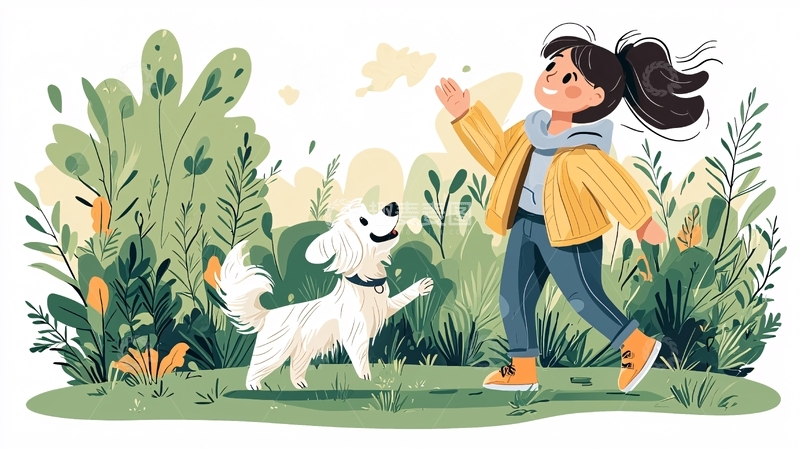 高清大图下载【趣麦麦图】女孩在户外与狗玩耍