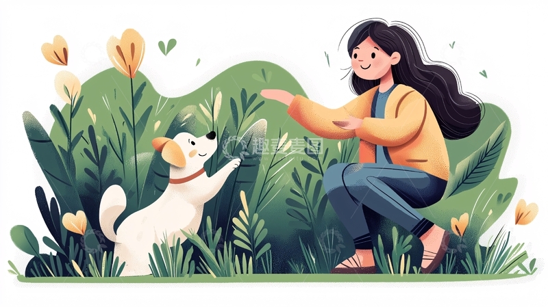 高清大图下载【趣麦麦图】女孩与狗在草地上玩耍