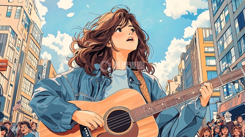 高清大图下载【趣麦麦图】都市街头弹吉他的女孩