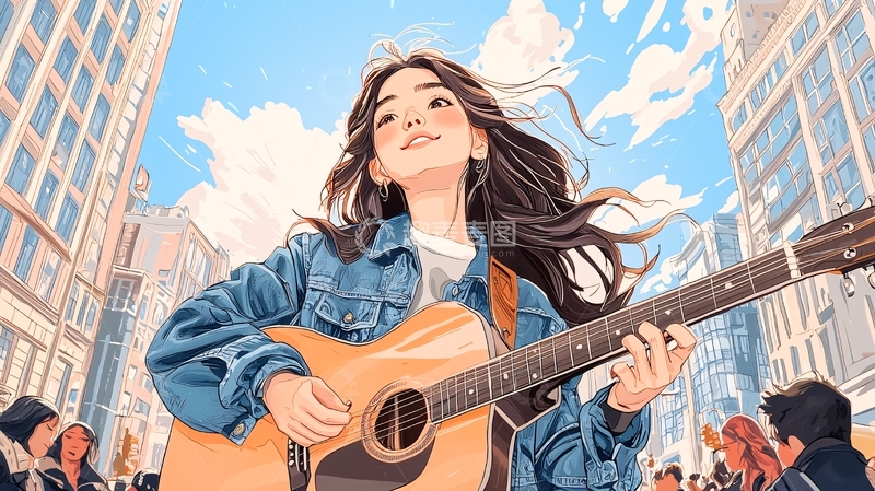 高清大图下载【趣麦麦图】街头女音乐人弹吉他