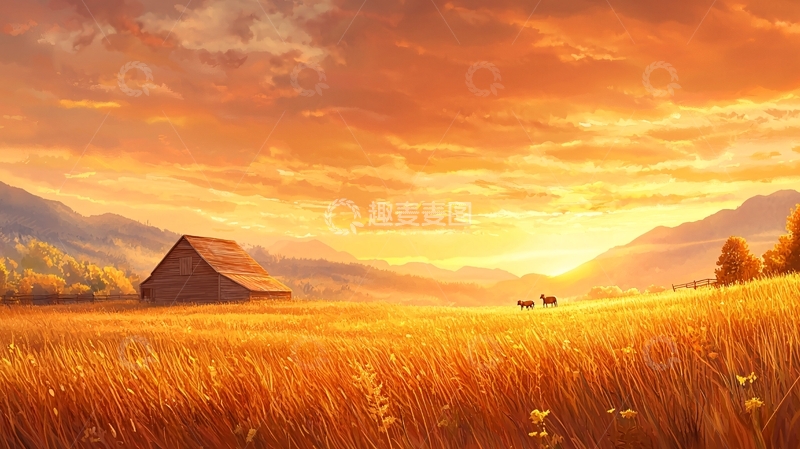 高清大图下载【趣麦麦图】秋日黄昏田野上的小屋