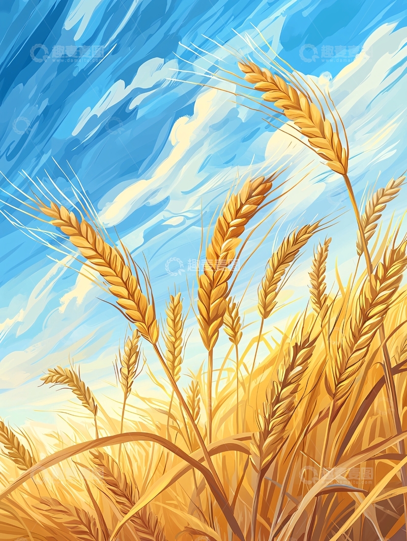 高清大图下载【趣麦麦图】金黄色麦田下的蓝天白云