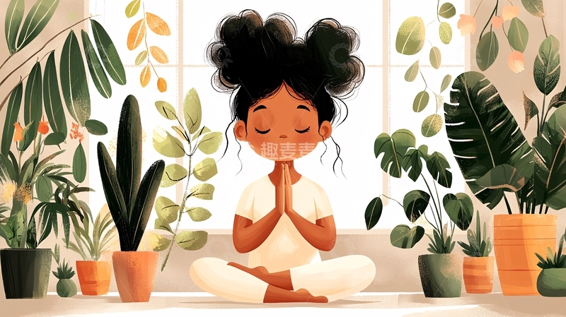 高清大图下载【趣麦麦图】黑人女孩冥想植物环绕