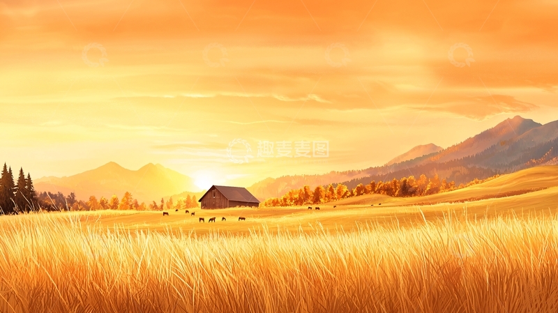 高清大图下载【趣麦麦图】金色田野上的农舍与群山