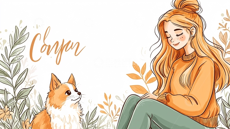 高清大图下载【趣麦麦图】金发少女与柯基犬的温馨插画
