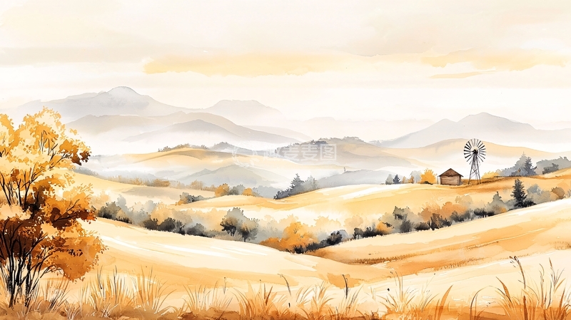 高清大图下载【趣麦麦图】秋日山间小屋与风车