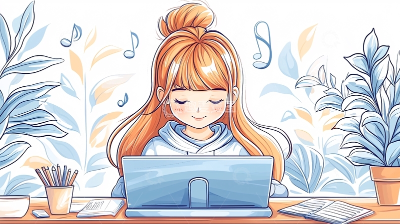 高清大图下载【趣麦麦图】少女在家用电脑学习或工作