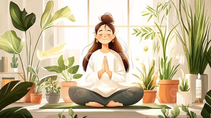 高清大图下载【趣麦麦图】冥想女孩在植物环绕中