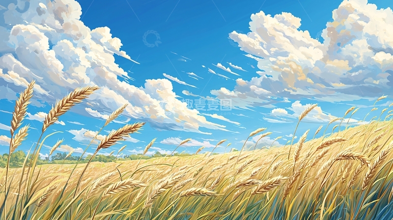 高清大图下载【趣麦麦图】金色麦田下的蓝天白云