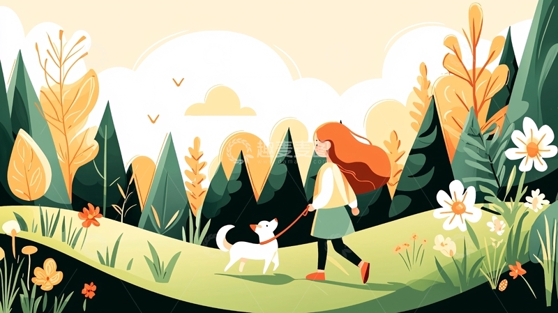 高清大图下载【趣麦麦图】女孩遛狗在森林里