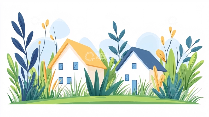 高清大图下载【趣麦麦图】卡通房屋植物场景