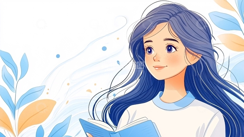 高清大图下载【趣麦麦图】蓝发少女读书插画