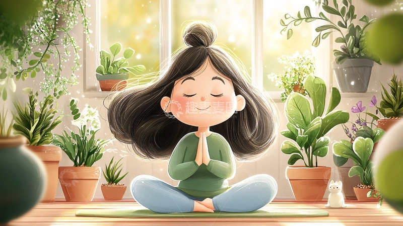 高清大图下载【趣麦麦图】冥想女孩在绿色植物中