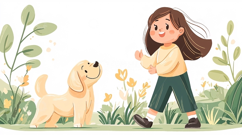 高清大图下载【趣麦麦图】女孩与小狗在草地上玩耍