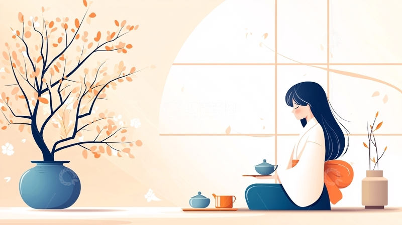 高清大图下载【趣麦麦图】安静女孩品茶赏花