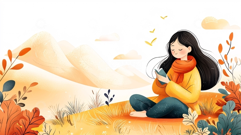 高清大图下载【趣麦麦图】-女孩秋日草地看手机