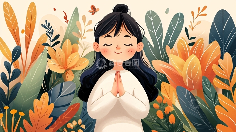 高清大图下载【趣麦麦图】平静女孩在花园冥想