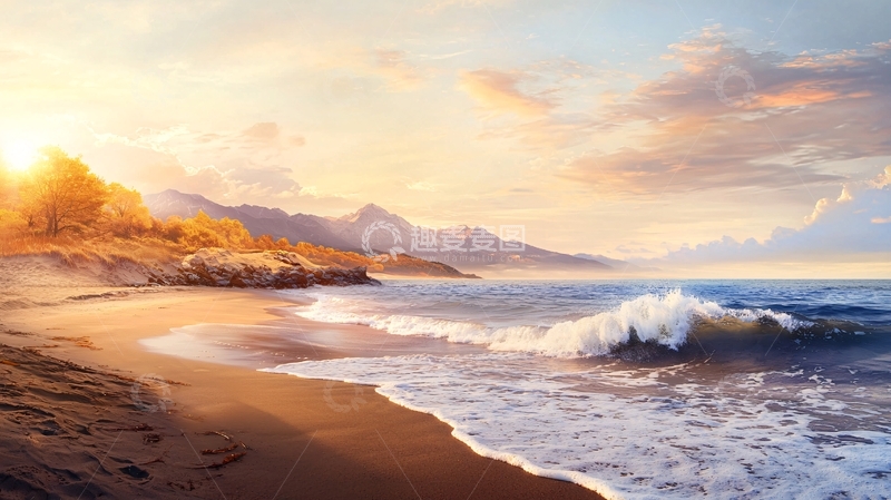 高清大图下载【趣麦麦图】海边日落的金色光辉