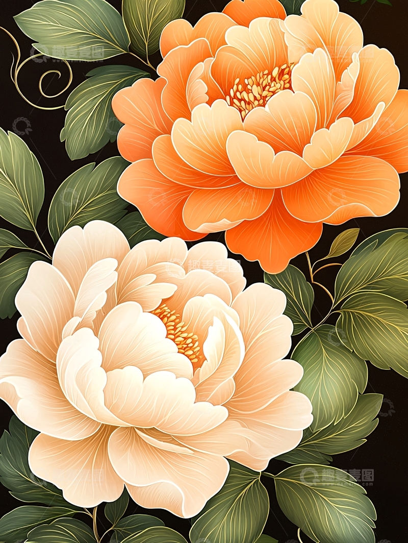 高清大图下载【趣麦麦图】橙色牡丹花与绿叶背景