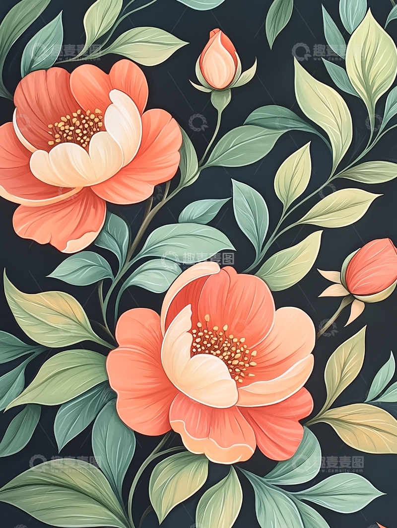 高清大图下载【趣麦麦图】橙色花朵与绿叶背景图案