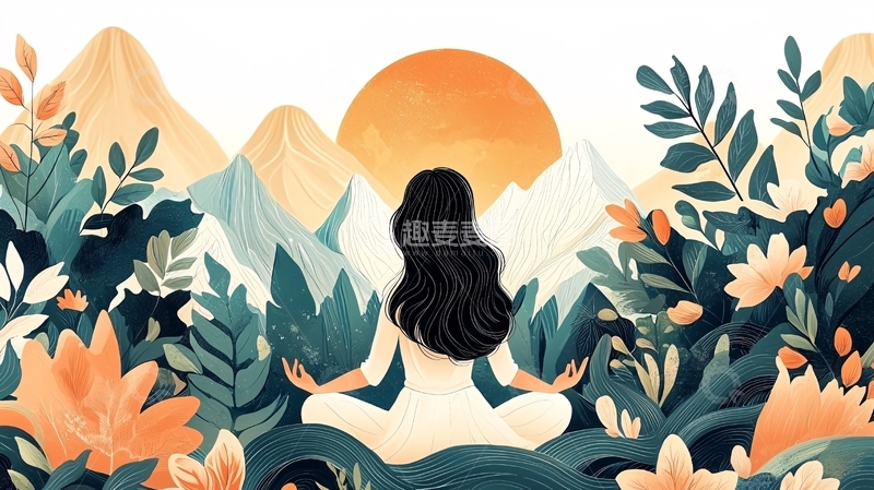 高清大图下载【趣麦麦图】女性冥想山景插画