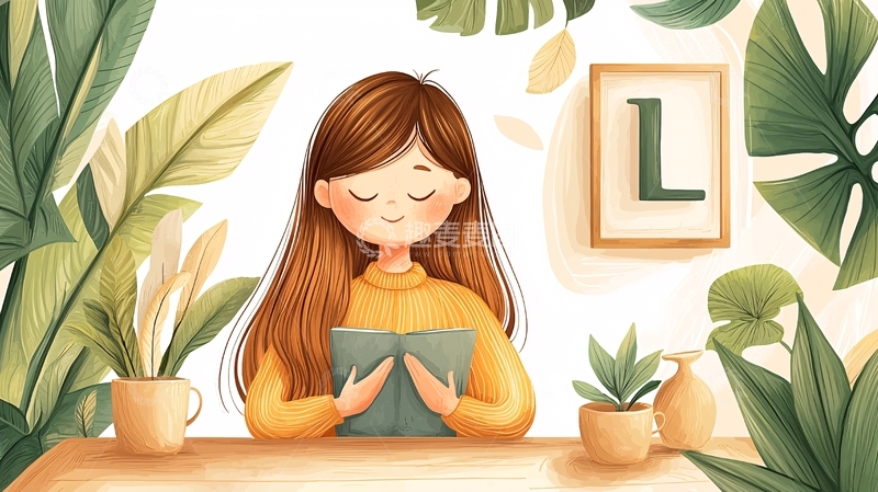 高清大图下载【趣麦麦图】读书的女孩被绿色植物环绕