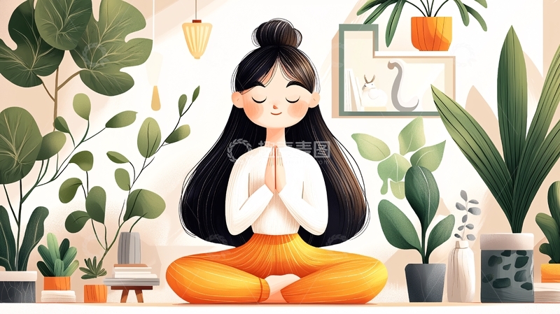 高清大图下载【趣麦麦图】女孩冥想植物环绕