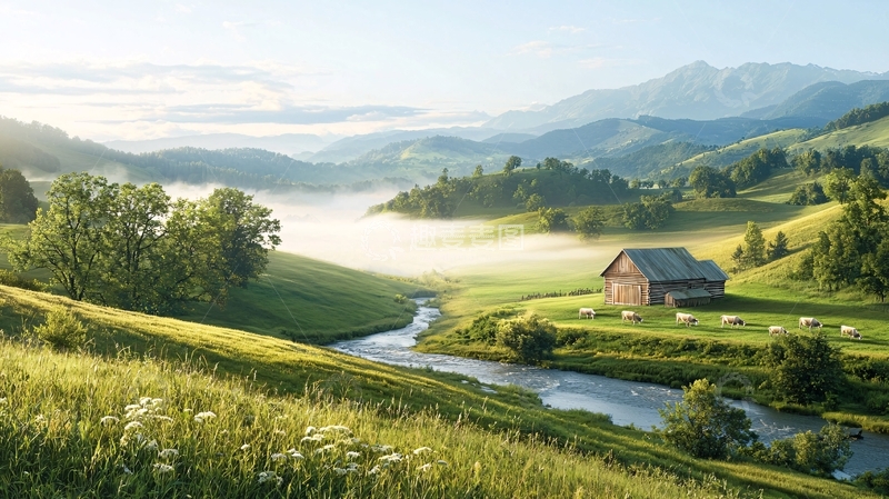 高清大图下载【趣麦麦图】晨雾中的田园风光