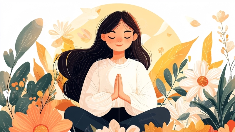 高清大图下载【趣麦麦图】女性在花丛中冥想