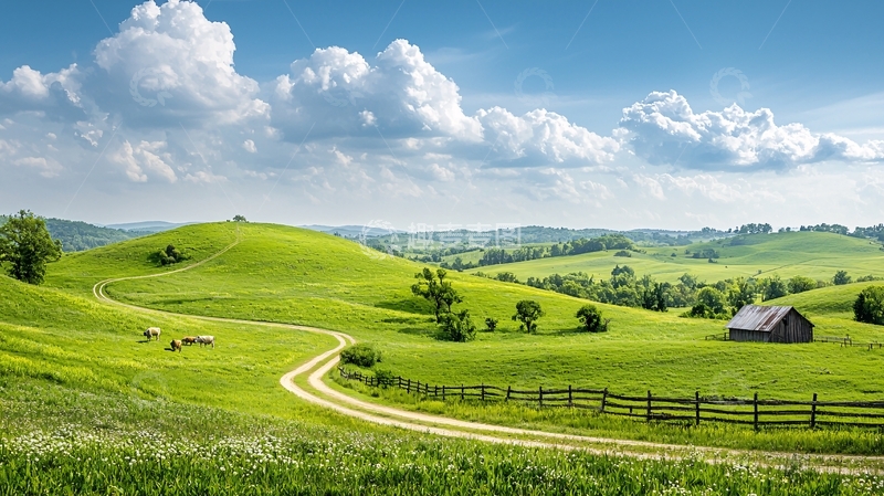 高清大图下载【趣麦麦图】绿色田野上的小路与农舍