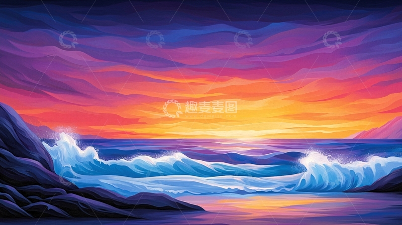 高清大图下载【趣麦麦图】日落海浪岩石风景