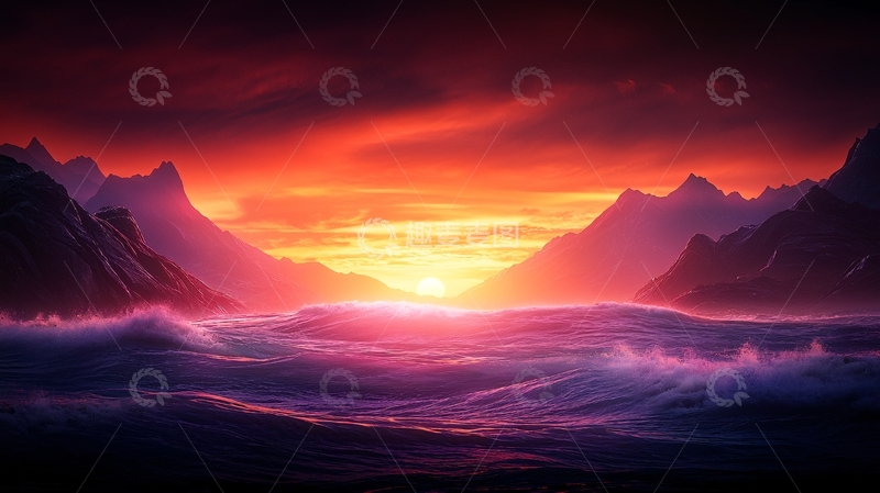 高清大图下载【趣麦麦图】日落山海幻想风景