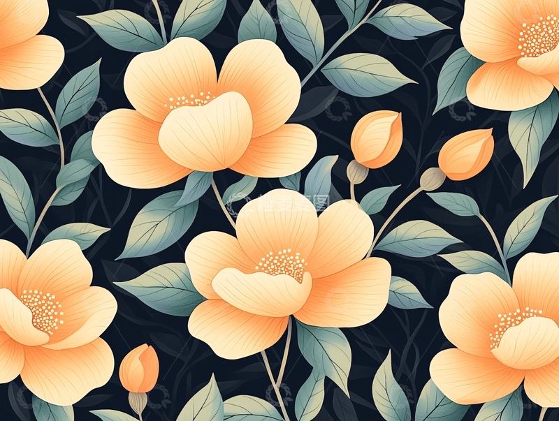 高清大图下载【趣麦麦图】橙色花朵与绿叶背景图案