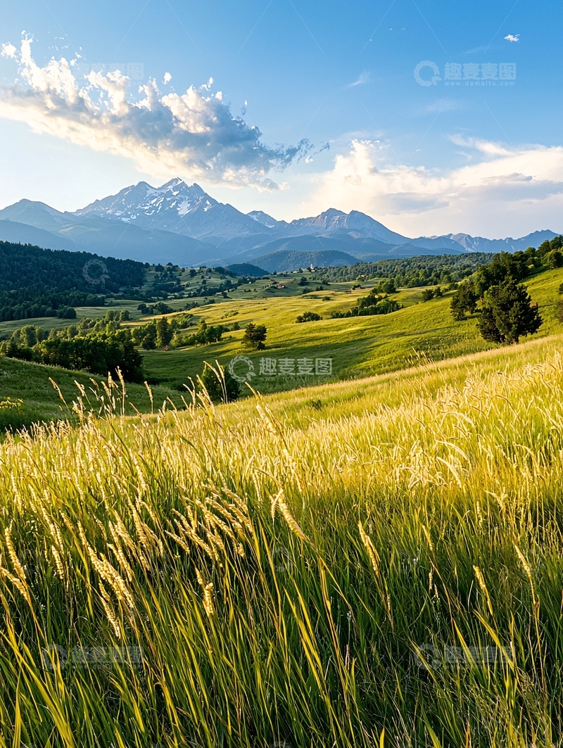 高清大图下载【趣麦麦图】山间草地夕阳美景