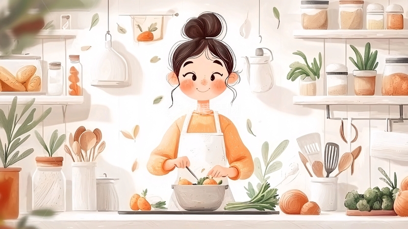 高清大图下载【趣麦麦图】厨房里做饭的卡通女孩