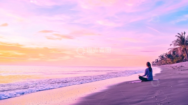 高清大图下载【趣麦麦图】海边冥想粉色日落