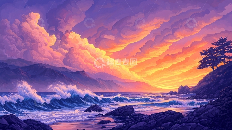 高清大图下载【趣麦麦图】日落海景岩石沙滩