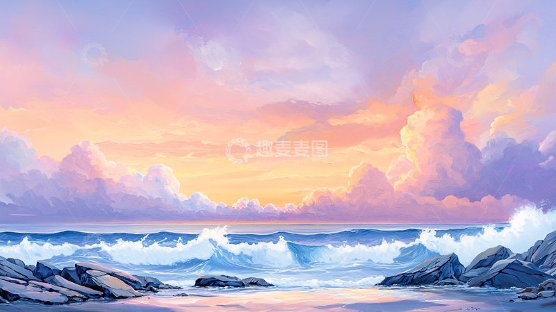 高清大图下载【趣麦麦图】日落海滩岩石海浪