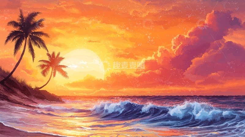 高清大图下载【趣麦麦图】日落海滩椰树海浪