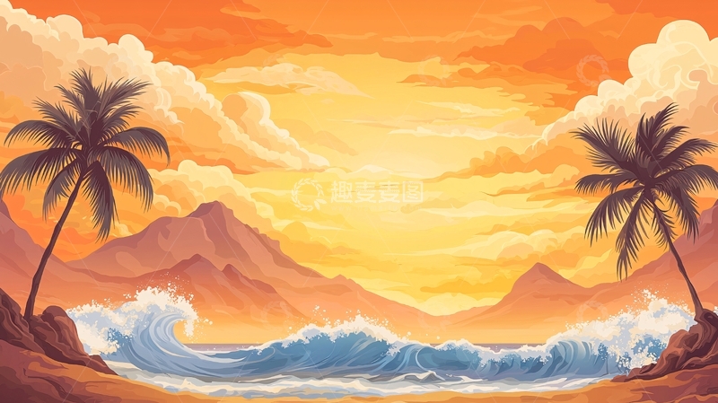 高清大图下载【趣麦麦图】热带海滩日落风景插画