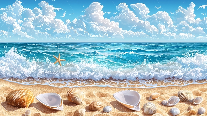 高清大图下载【趣麦麦图】海滩贝壳与海浪风景图