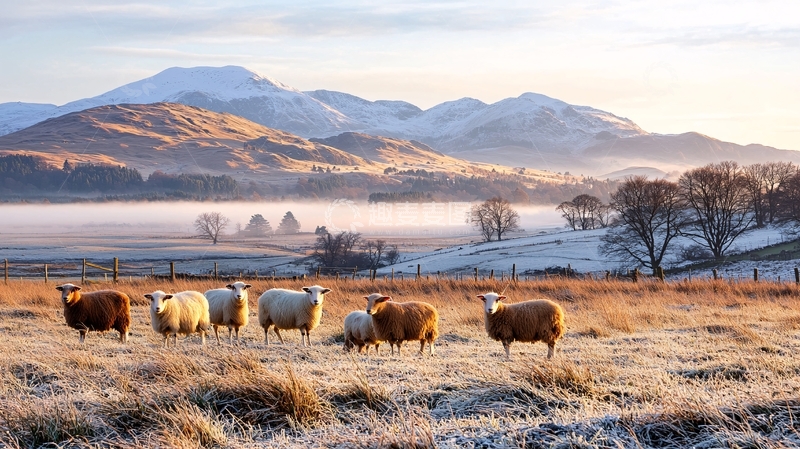 高清大图下载【趣麦麦图】冬日山间羊群牧场风景