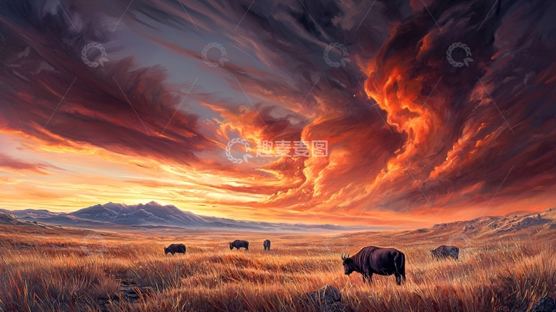 高清大图下载【趣麦麦图】草原上的牛群与壮丽日落
