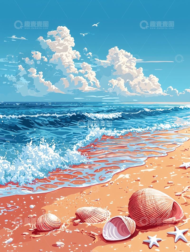 高清大图下载【趣麦麦图】海滩贝壳与海浪