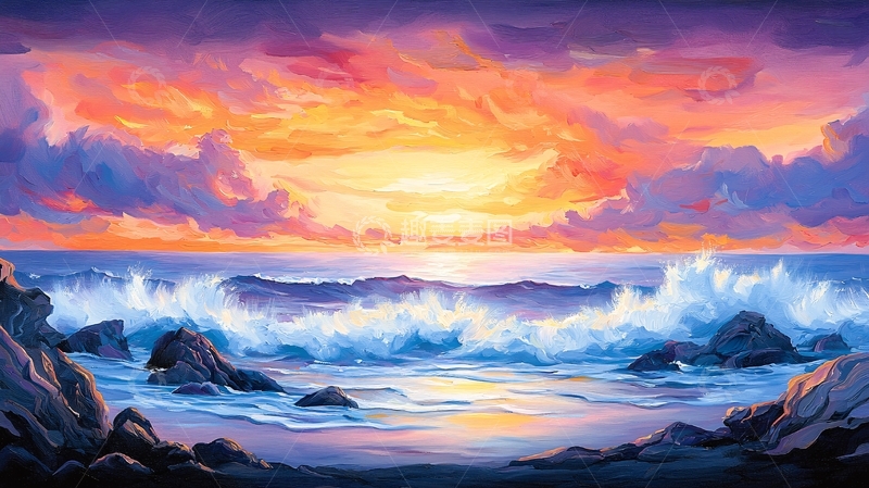 高清大图下载【趣麦麦图】日落海浪岩石风景