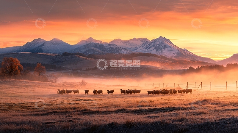 高清大图下载【趣麦麦图】晨雾中的羊群与雪山