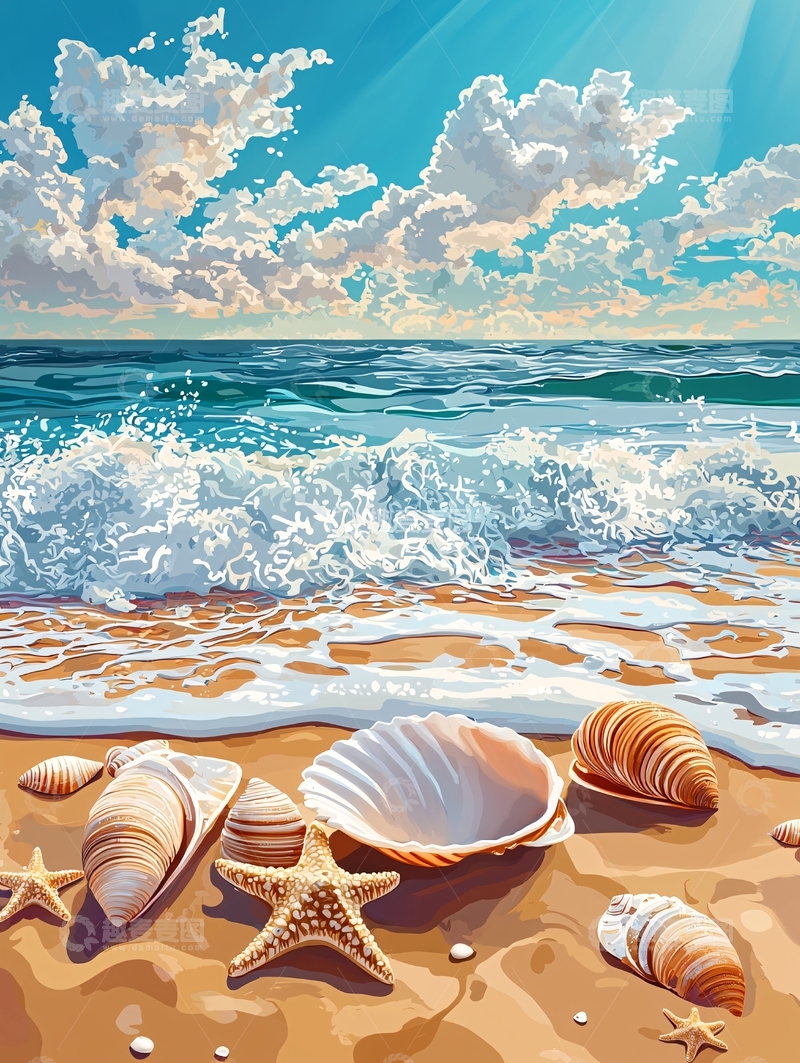 高清大图下载【趣麦麦图】海滩上的贝壳与海星