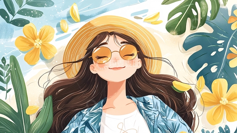 高清大图下载【趣麦麦图】戴草帽女孩的夏日插画